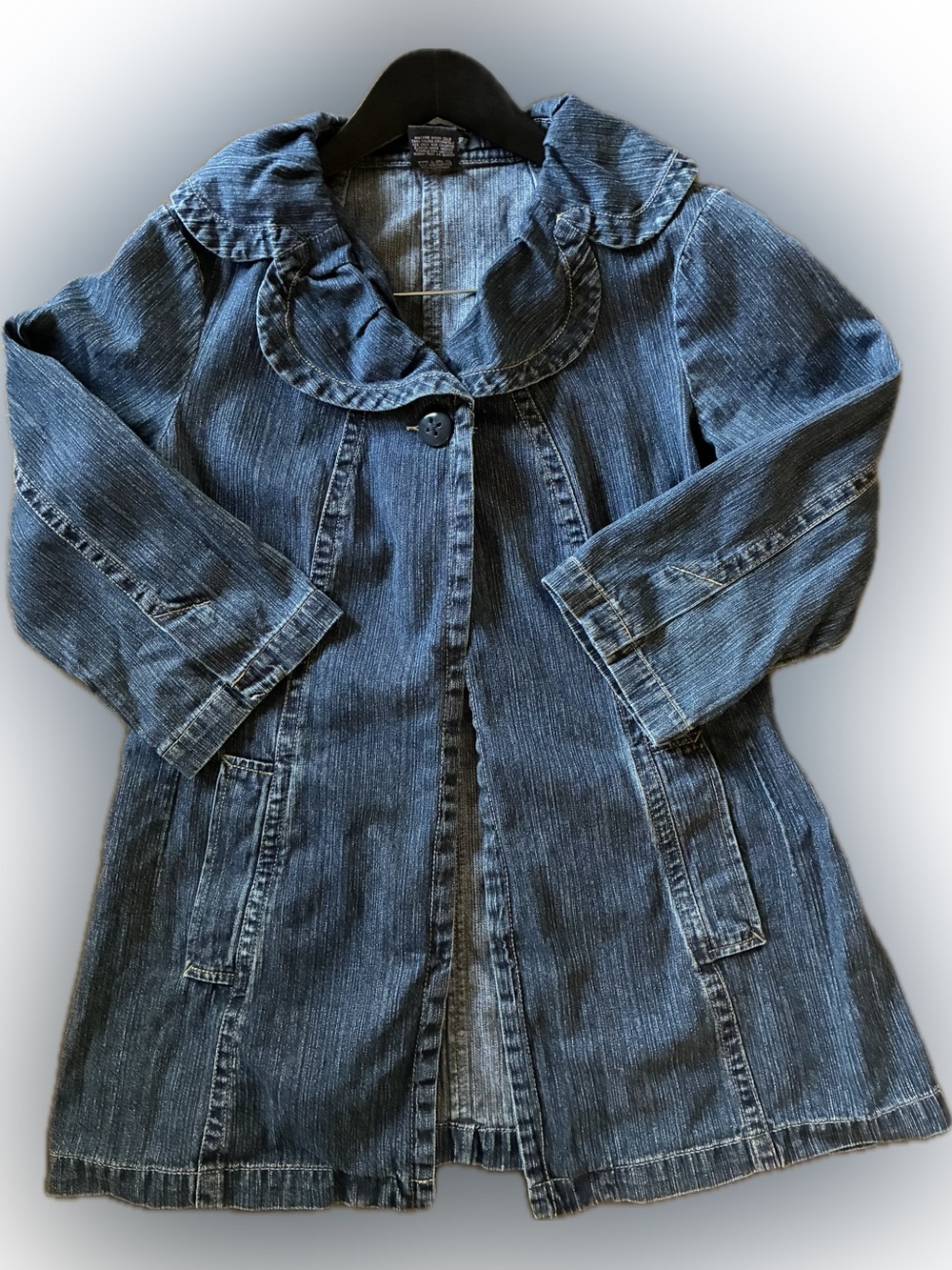 French Cuff Women’s' Dark Blue Denim Jacket with Scalloped Collar